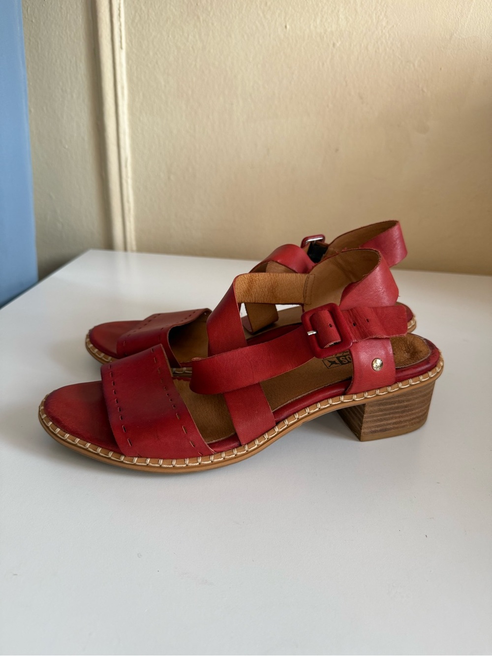 Pikolinos "Blanes" Red Leather Block Heel Sandals